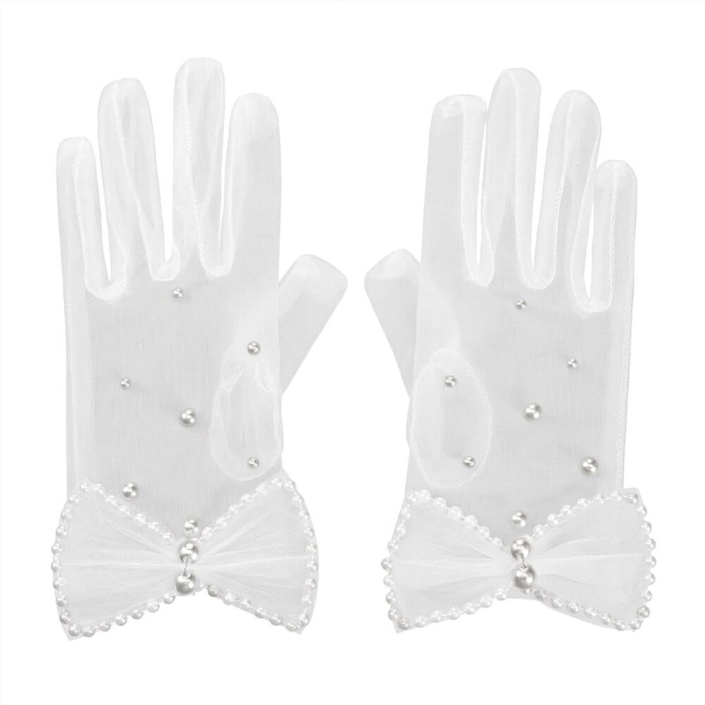Women's Tulle Mesh Short Pearl Bow White Gloves Wedding Party Tea Accessories